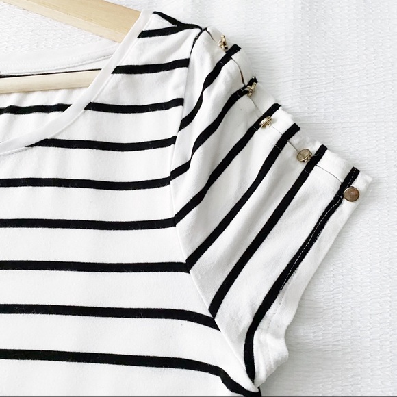 WHBM Black & White Stripe Top With Button Sleeves - Picture 2 of 11